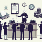 DALL·E 2023-10-17 14.26.24 – Vector drawing of a simplistic courtroom setting. On the left, a group of people holds legal files related to their debt collection lawsuit. They gest