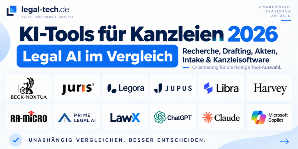 KI-Tools für Kanzleien 2026 im Vergleich mit Logos verschiedener Legal-AI-Anbieter