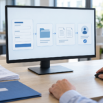 Digitale Mandantenaufnahme und verlässliche Übergaben in der Kanzlei Laptop auf einem Kanzleischreibtisch mit einem schematischen Arbeitsablauf von der Online-Anfrage bis zur Aufgabenübergabe